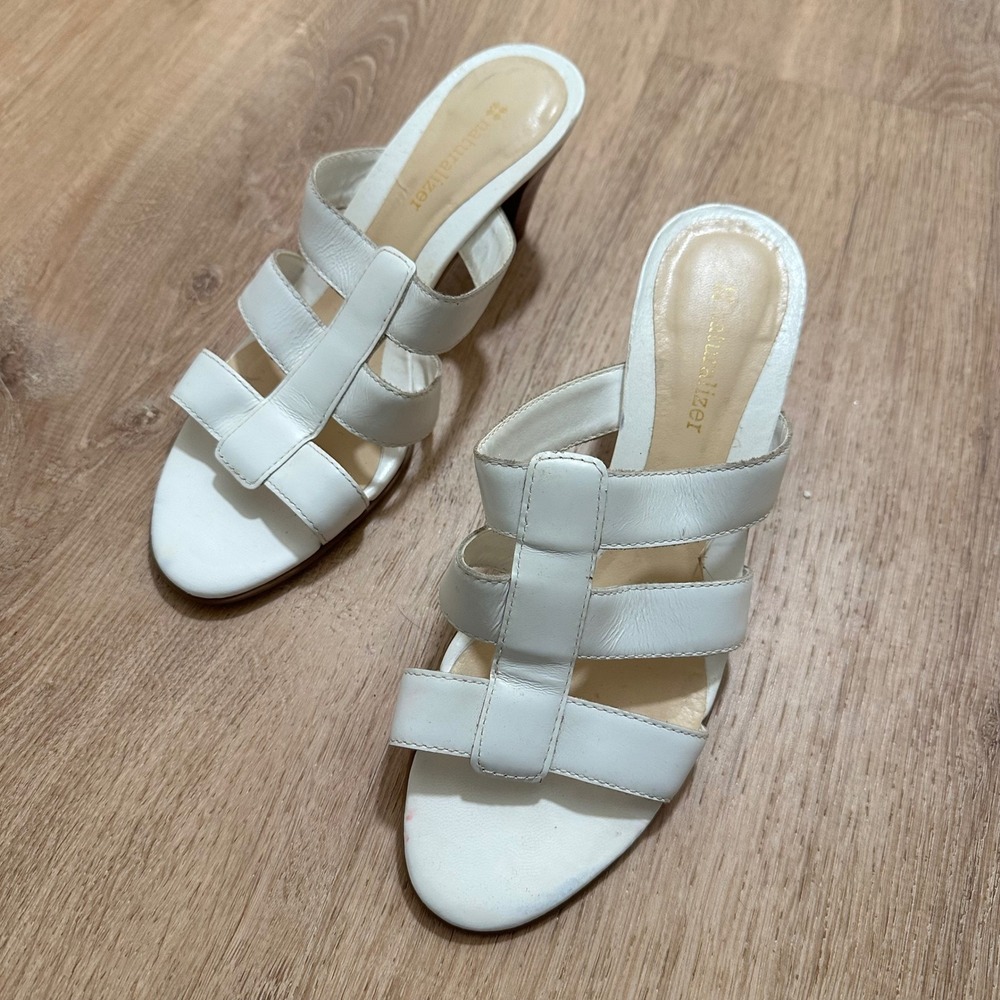 Naturalizer | White Leather MultiStrap Slide Sandals Stacked Cone Heels, Size 6M
